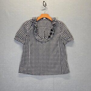 J Crew Shirt Womens  Ruffle Short Sleeve Blouse Round Neck  Black White Size  2